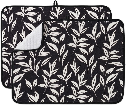 FRESHMINT Printed Dish Drying Mats for Kitchen Counter 2 Pack Absorbent Reversible Drying Mats Microfiber Kitchen Countertop Protector Dishes Drying Pad Extra Large 18"x24" Dish Mat