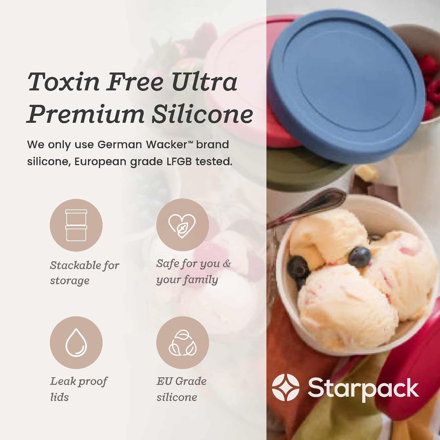 Starpack 'Freeze the Day' Leak-Free Lids for Ice Cream Storage Containers for Freezer (4 Pcs) - 1 Quart Ice Cream Containers for Homemade Ice Cream - Reusable Ice Cream Containers with Lids (Silicone)