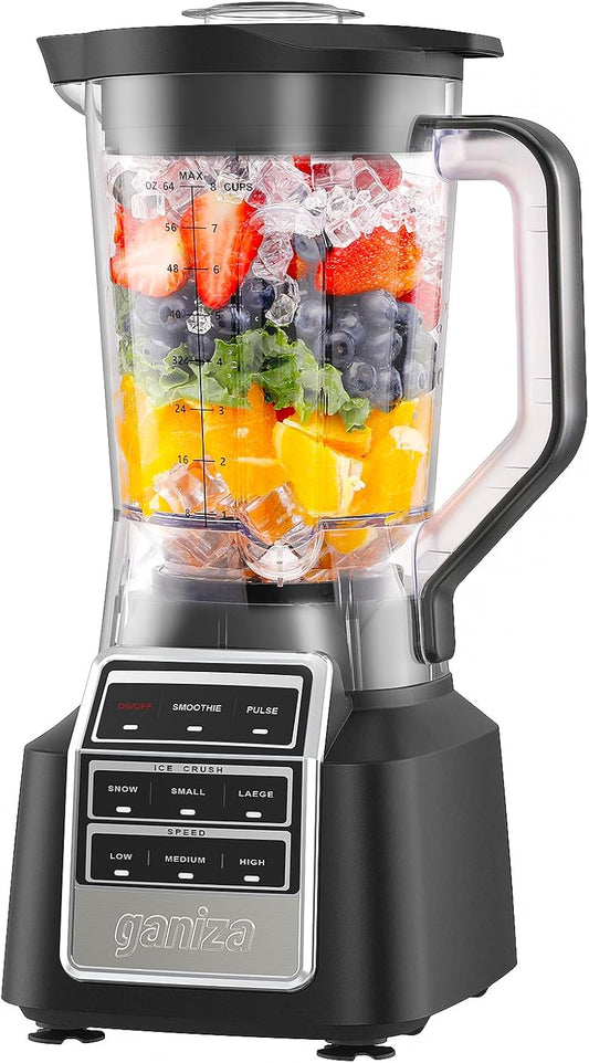 Ganiza Professional Smoothie Blender, Blenders for Smoothies with 1800 Peak Watts & 8 Auto Programs for Frozen Fruits & Ice, 64-oz Large Blender for Shakes and Smoothies, Nutritious Recipe