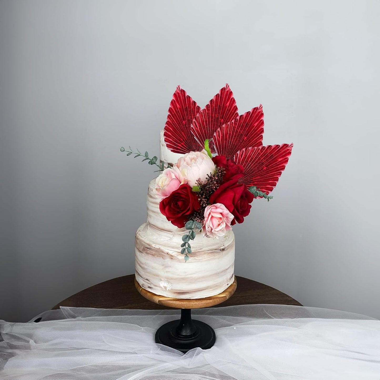 Gyufise 6Pcs Paper Palm Fan Cake Toppers Palm Spear Leaves Fan Cupcake Toppers Cake Insert Decorations Craft DIY Cake Bakeware Decoration for Birthday Party Wedding Party Decor Supplies Light Red