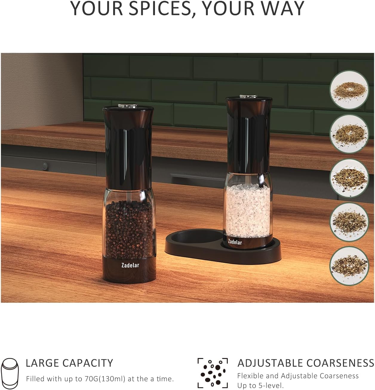 Electric Salt and Pepper Grinder Set with LED Power Display,Larger Capacity Salt and Pepper Shakers Set Rechargeable Electric with Flexible Coarsenes,LED Light,One Hand Operation for Kitchen
