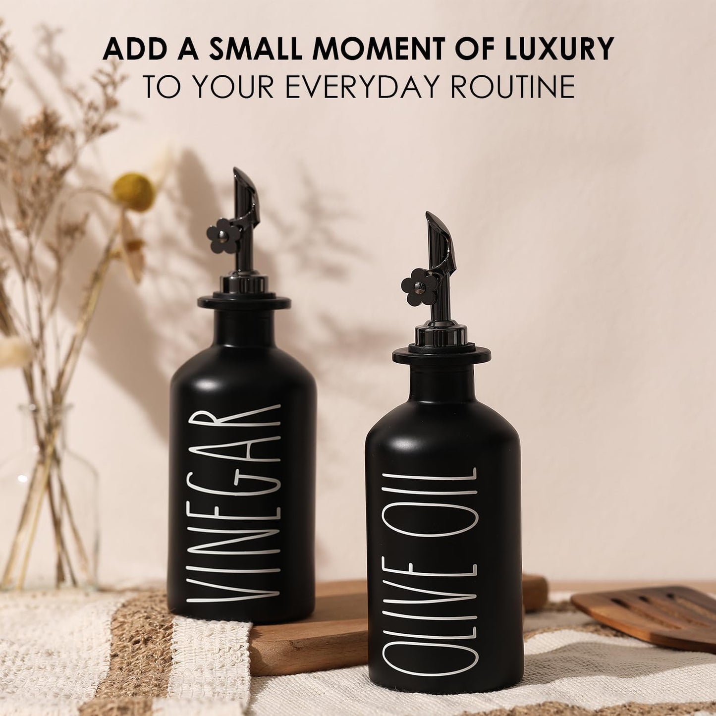 HOMCDALY Premium Olive Oil Dispenser for Kitchen, 11.8oz Glass Oil Bottles with Bamboo Tray, Black Oil&Vinegar Cruet Set, Kitchen Dispenser Bottles with Pourer | Set of 2 (11.8oz –P–Black)