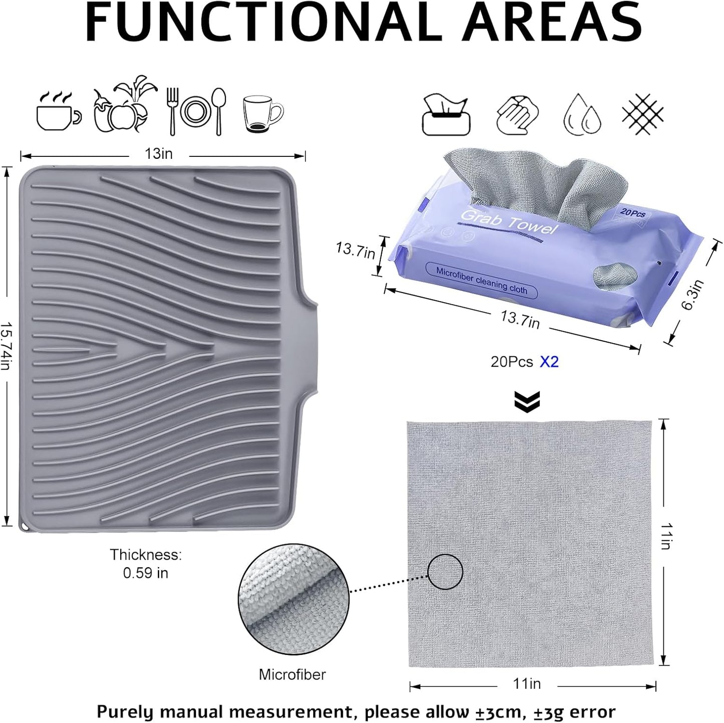 Silicone Dish Drying Mat, Stone Drying Mat for Kitchen Counter with Built-in Drain, Non-Slip 15.8" X 13" Drying Matt Kitchen Counter and Grey Microfiber Cleaning Cloth, Cleaning Rags Set(Grey)
