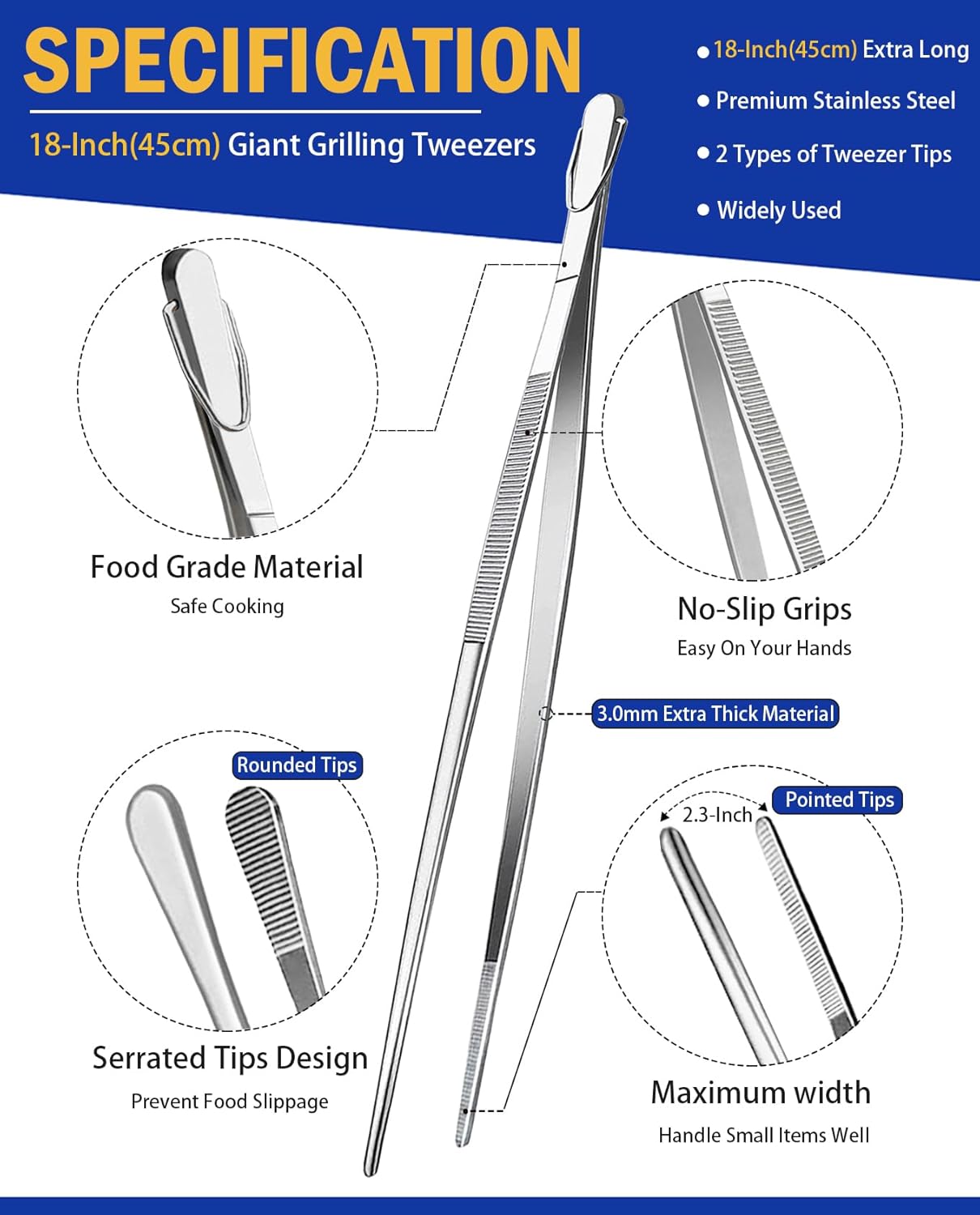 JETKONG 18 Inch (45cm) Extra Long Barbecue Tongs, Heavy Duty Giant Tweezer Tongs for Grilling and BBQ, Set of 2 (Point Tips)