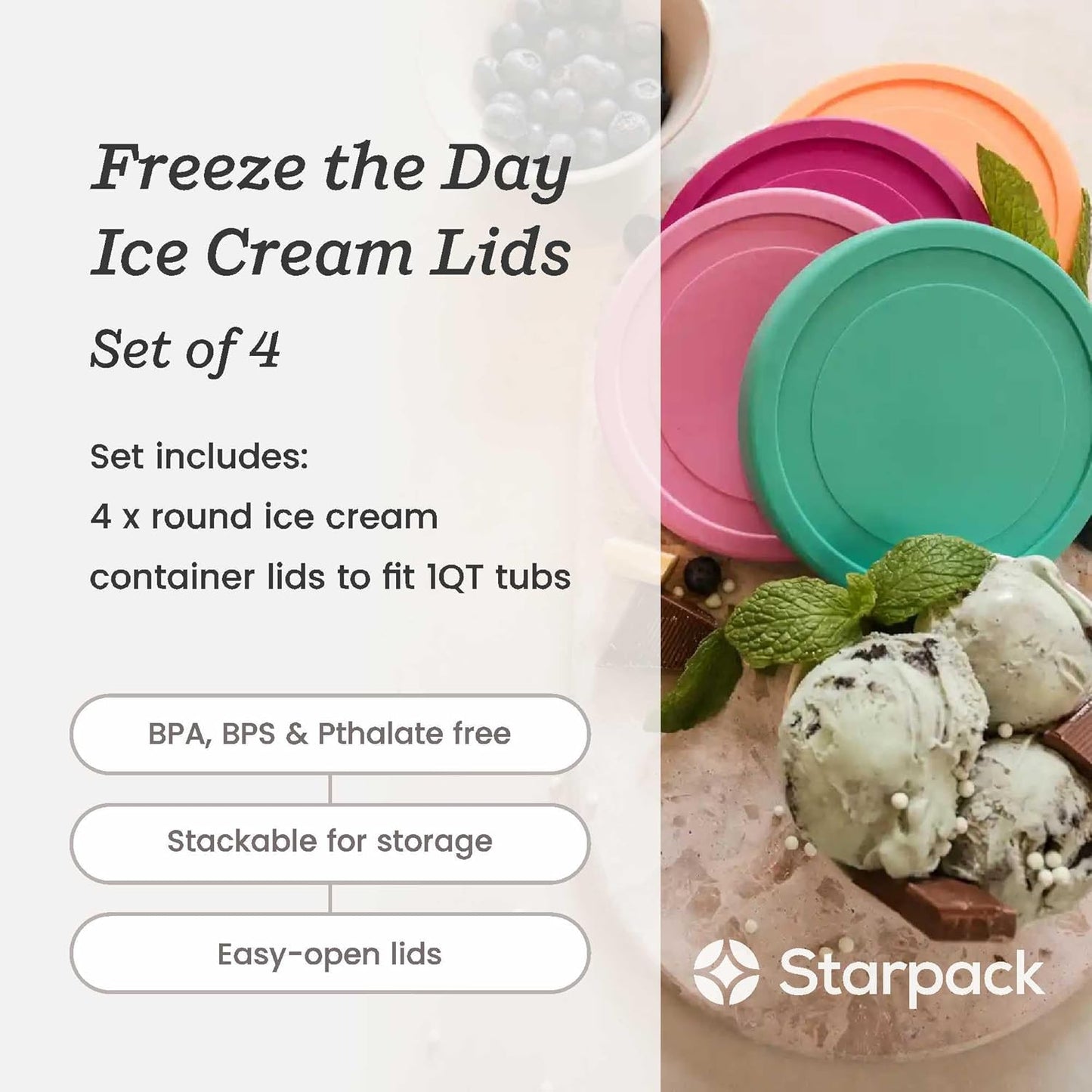 Starpack 'Freeze the Day' Leaf-Free Lids for Ice Cream Storage Containers for Freezer (4 Pcs) - 1 Quart Ice Cream Containers for Homemade Dessert - Reusable Frozen Dessert Containers (Silicone)