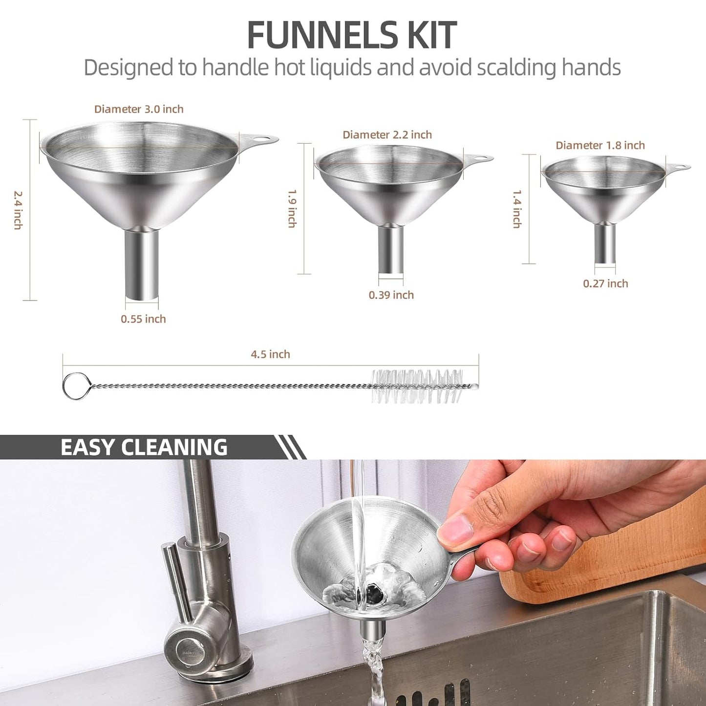 Funnels for Kitchen Use Filling Bottles, Kitchen Funnel Set of 3, Small Funnels for Filling Small Bottles Transferring Essential Oil, Liquid, Spice, Dry Ingredients & Powder, Dishwasher Safe