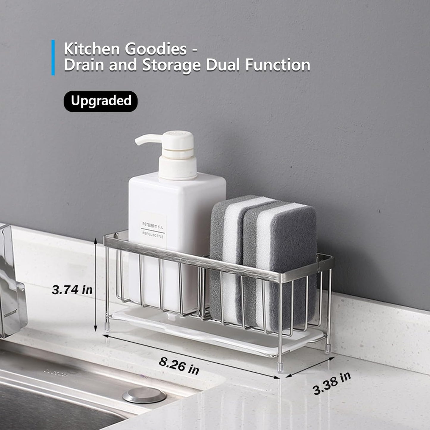 Kavciva Sink Caddy Sponge Holder,304 Stainless Steel Dish Brush Holder,Kitchen Countertop Sink Rack,Dish Soap Holder,Dishwashing Tool Drying Tray with Adjustable Partitions,Essential Kitchen Shelves