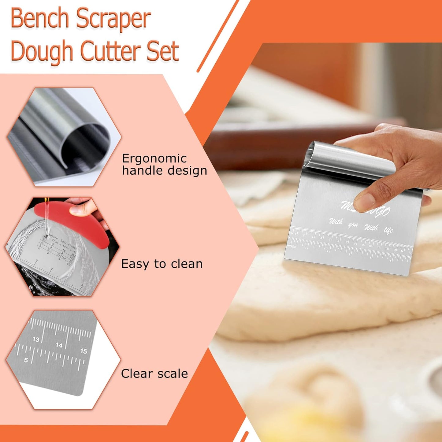 Dough Scraper Cutter Pastry Pizza Cutter Stainless Steel Tool with Scale Ruler, Kitchen Tool for Baking Cookie Dough Vegetable Bread