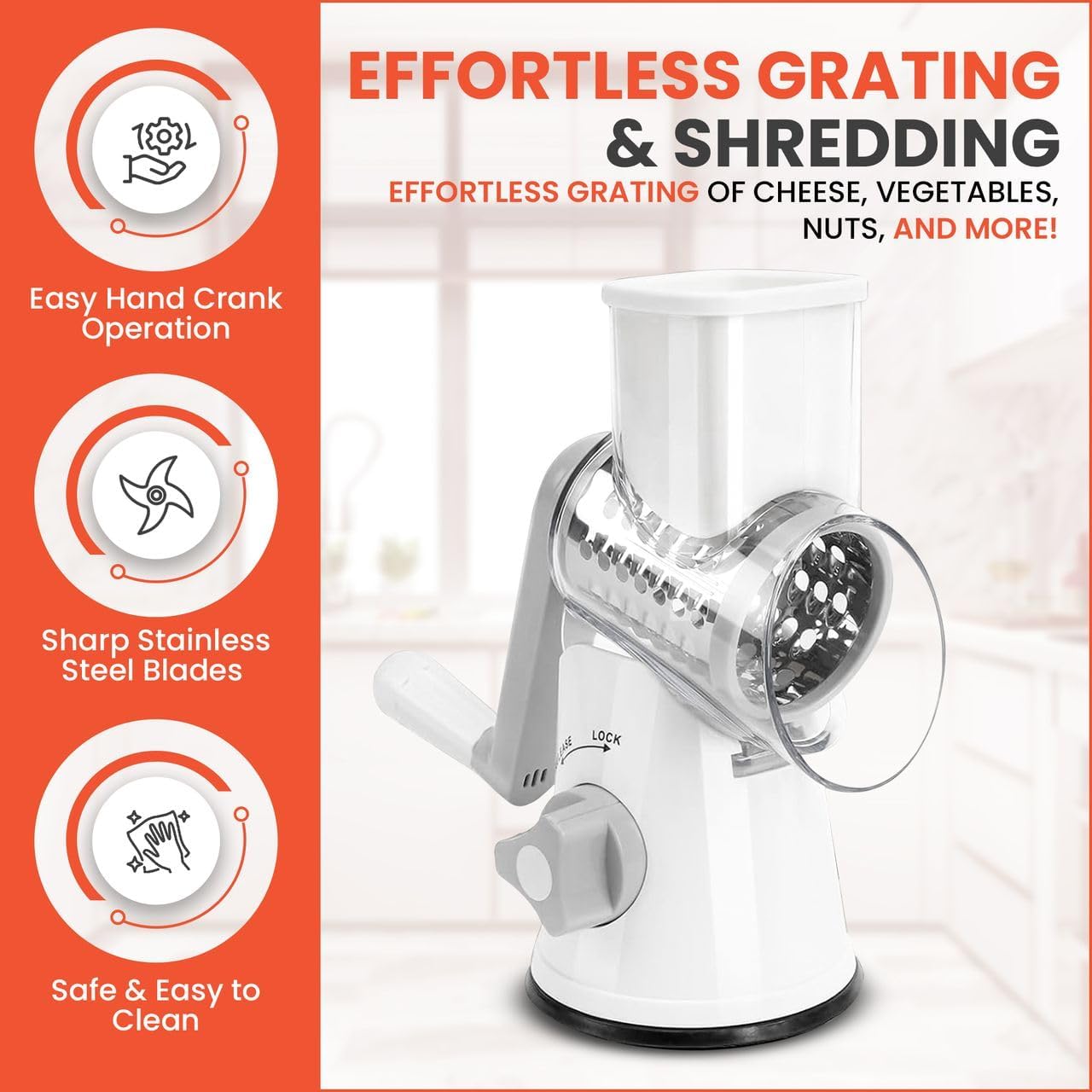 Rotary Cheese Grater Hand Crank with handle - Upgraded strong suction, changeable blades, handheld kitchen aid 3-in-1 Cheese Shredder. Kitchen Rotary Grater Slicer for Fruit, Vegetables, Nuts