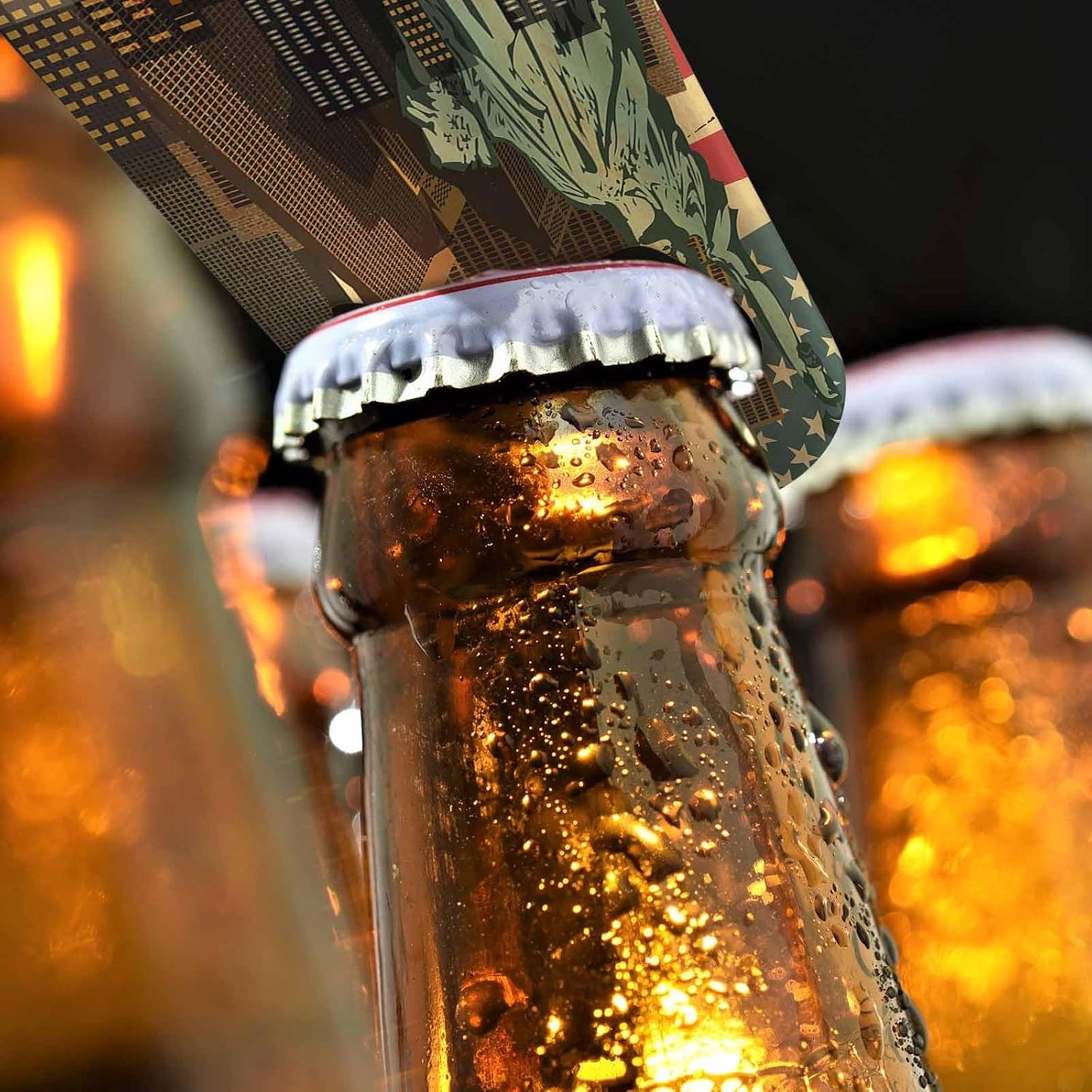 Vintage America Flag Stainless Steel Bottle Opener Auto Skyscraper Travel Freedom Landmark Flat Beer Bottle Opener Keychain for Home Kitchen Bar Restaurant Party Birthday Gift