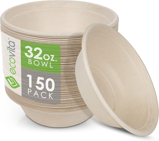 100% Compostable Paper Bowls [32 oz.] – 150 Disposable Bowls Eco Friendly Sturdy Tree Free Liquid and Heat Resistant Alternative to Plastic or Paper Bowls