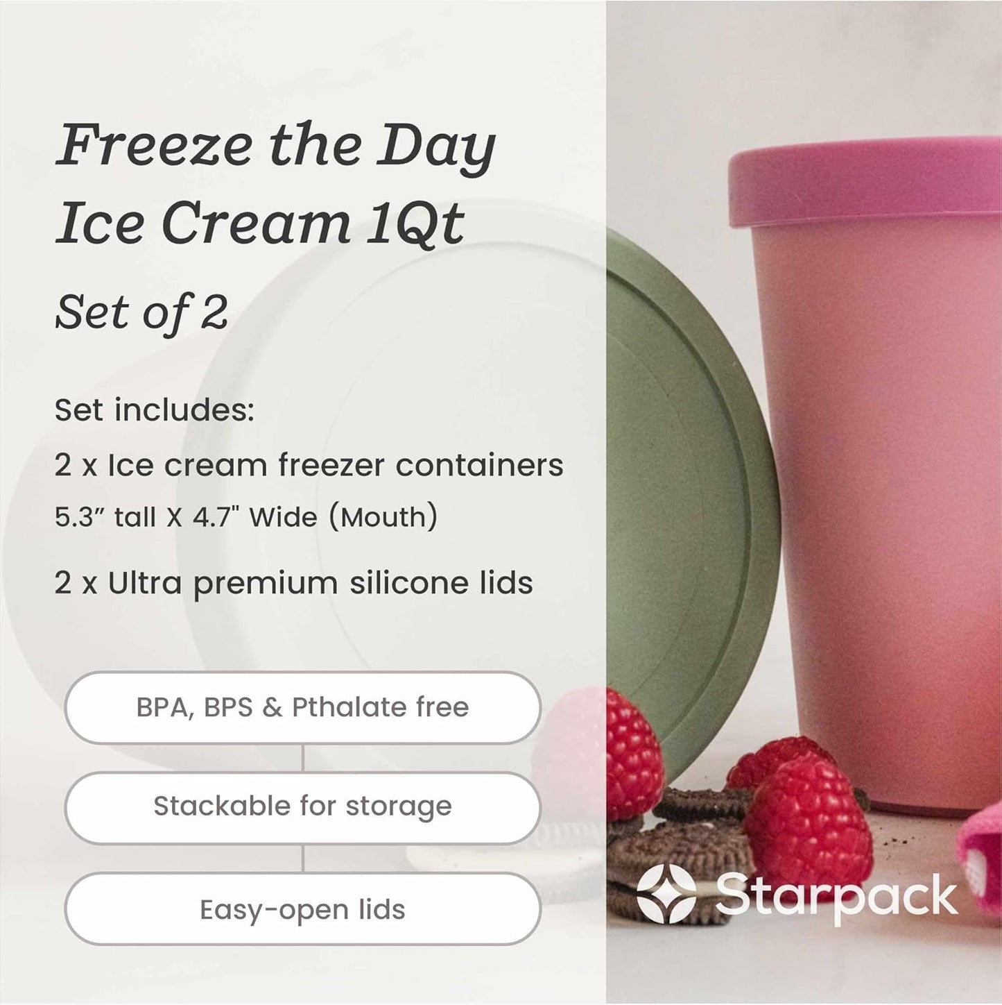 Starpack 'Freeze the Day' Ice Cream Storage Containers for Freezer (2 Pcs) - 1 Quart Ice Cream Containers for Homemade Ice Cream - Reusable Ice Cream Containers with Lids - Leak-Free Lids (Silicone)