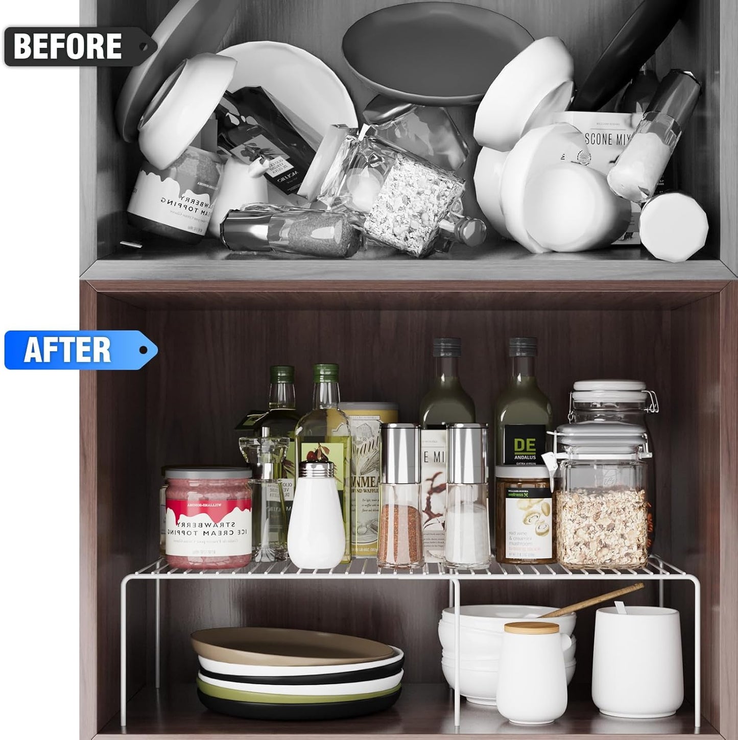 Expandable Storage Shelf, Pantry Organizers and Storage, Adjustable Rustproof Metal Wire Spice Rack, Space Saver Kitchen Storage Shelves for Pan, Pot, Countertop, Drawer, Fridge, Set of 6, White