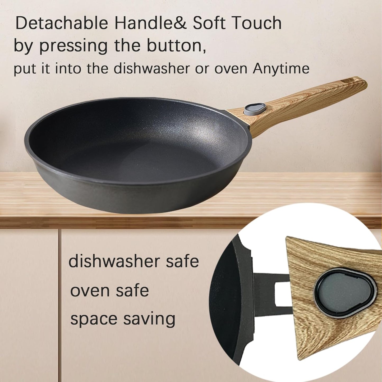 9.5 Inch Non Stick Skillet With Removable Handle, Frying Pan Non Stick Detachable Handle, Oven and Dishwasher Safe Omelette Pan, Egg Frying Pans Cooking Pan For All Cooktops (Granite, Round)