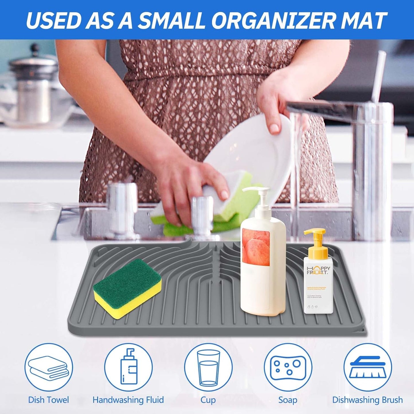 Silicone Dish Drying Mat for Kitchen Counter with Built-in Drain, Easy Clean Pad for Countertop Protection, Fast Self-Draining Slope, Non-Slip, Multiple Use 14.7x10.2 Inch (Grey)