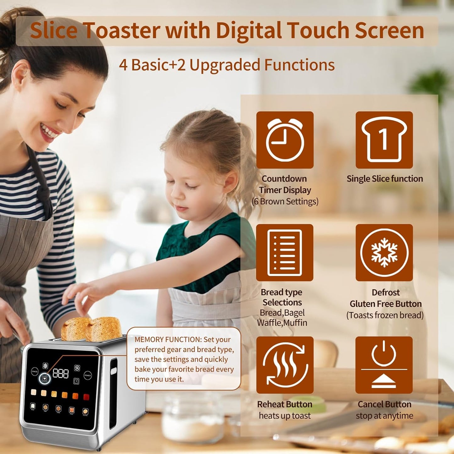 Toaster Touch Screen Toaster 2 Slice with LCD Display Stainless Steel Digital Timer Toasters 6 Bread Types& 6 Shade Settings Smart Extra Wide Slots Tostadora With Bagel Cancel,Defrost Functions