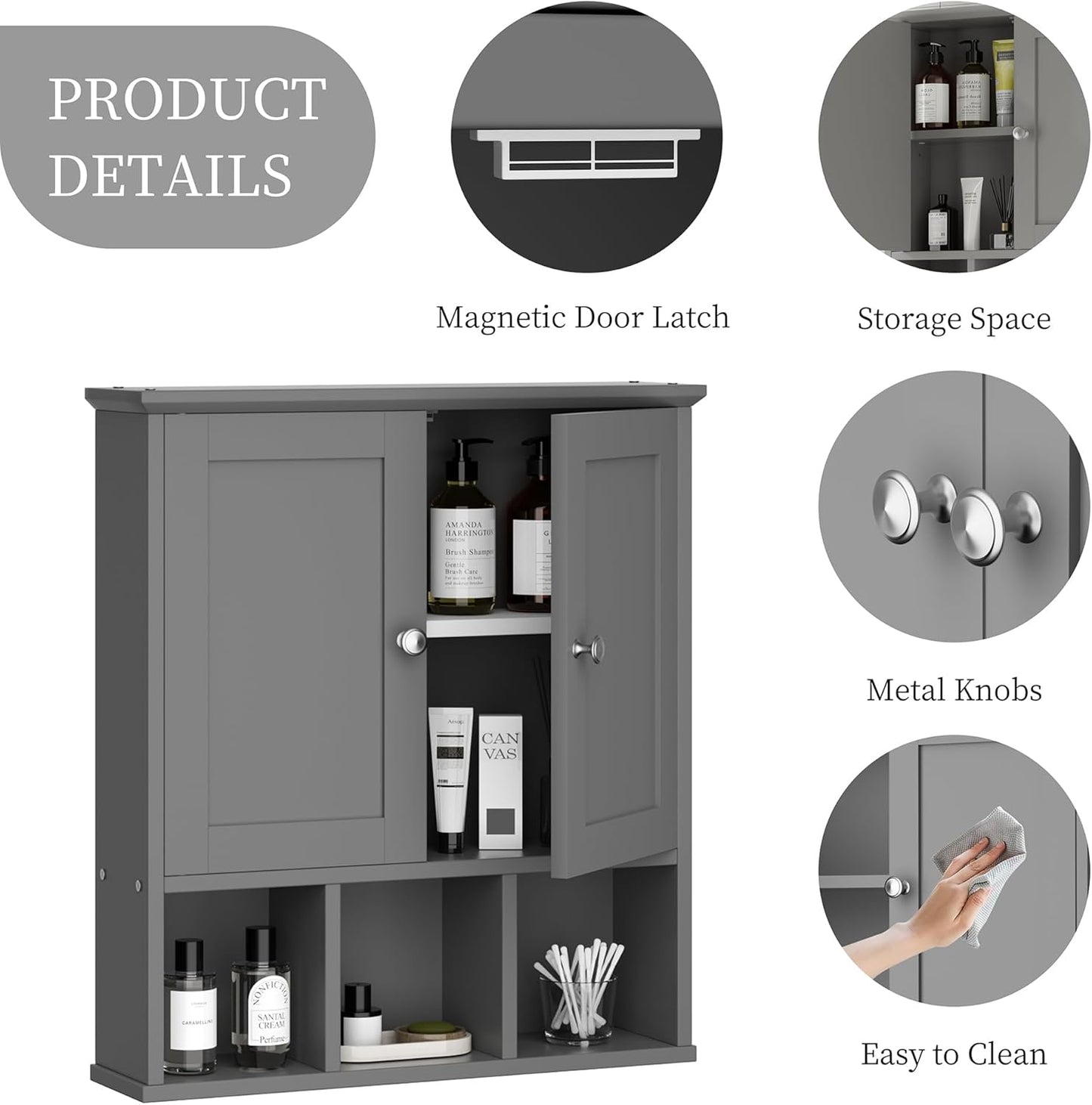Shintenchi Bathroom Wall Cabinet with Door, Storage Organizer Over The Toilet Medicine, Space Saving with Adjustable & Open Shelf, Gray