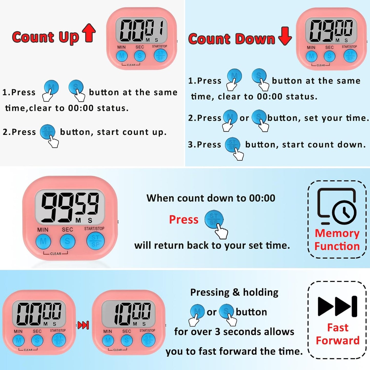 ZILLEEN 6 Pack Kitchen Timers for Cooking Digital Classroom Timers for Teachers Kids Blue Green Pink