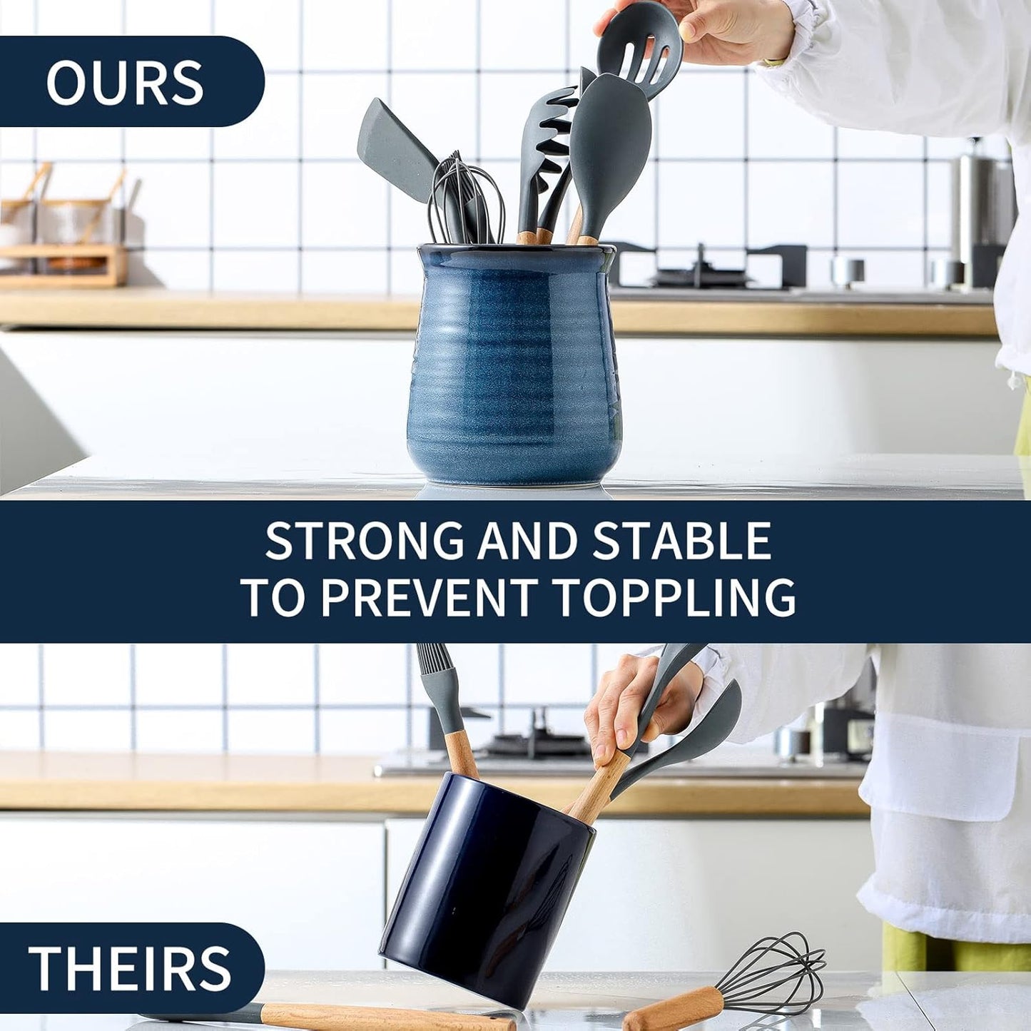 Hasense Extra Large Utensil Holder Crock for Kitchen Counter - 7.1” x 5.9” Vintage Farmhouse Blue Ceramic Caddy Utensil Organizer and Rustic Table Decor for Spatulas, Spoons, and Other Cooking Tools