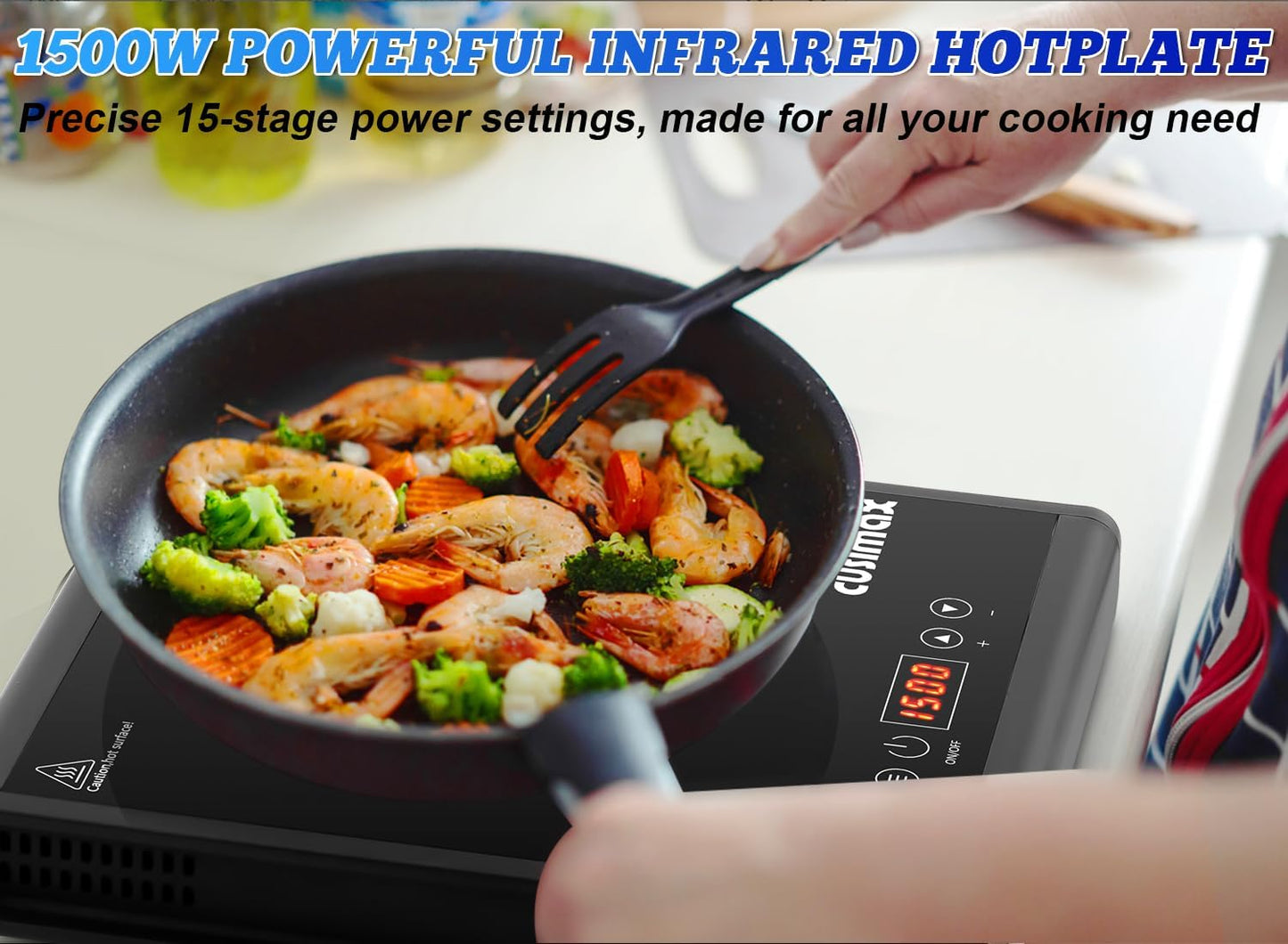 1500W Infrared Hot Plate with LED Display, Small Electric Stove with Adjustable15 Power and Time 2h, Portable Electric Burner Compatible with All Cookware