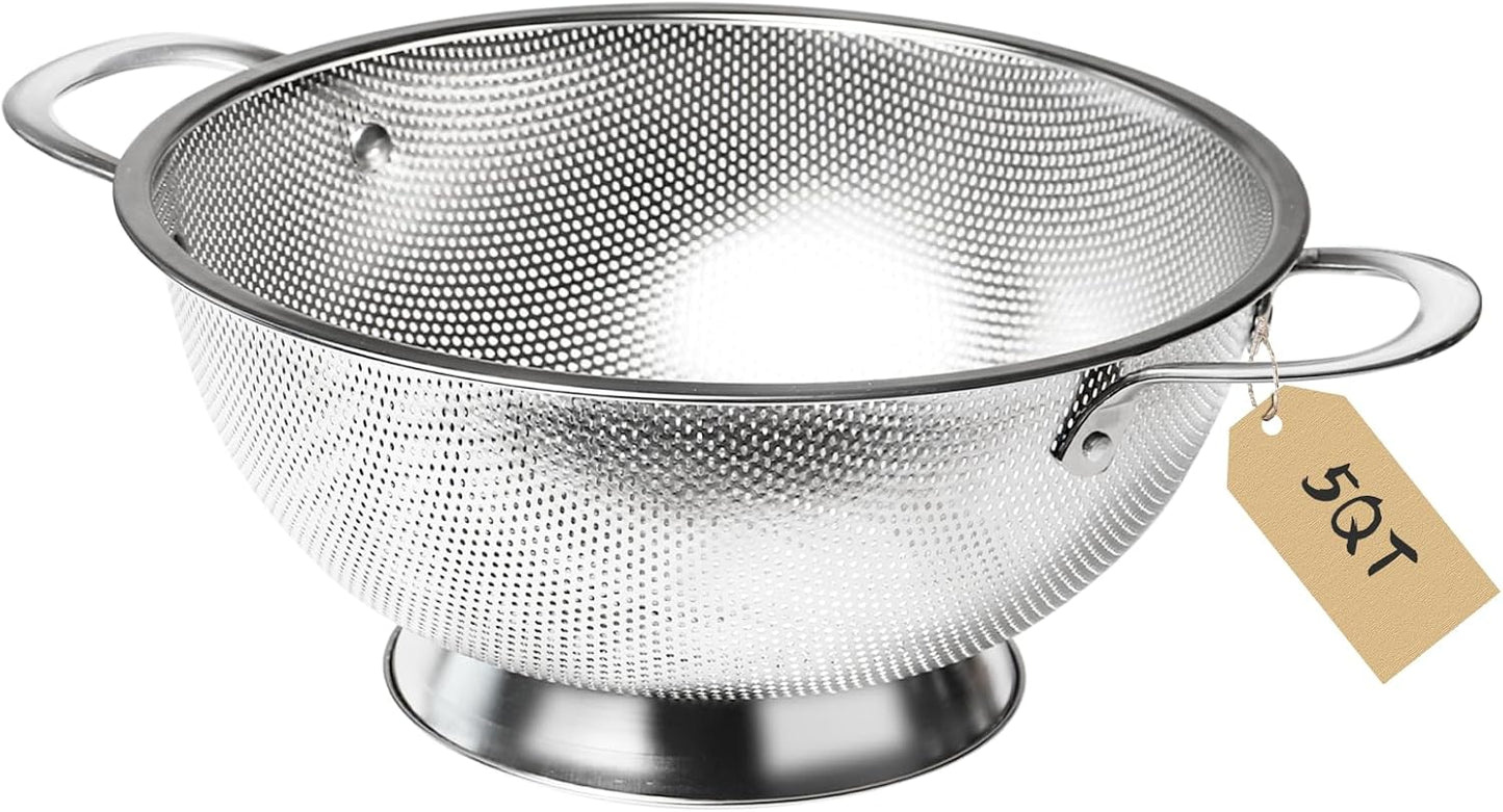 Premium Stainless Steel Colander for Kitchen, Food Strainer Basket with Handle and Solid Ring Base for Fruits Vegetables Rice and Pasta, Dishwasher Safe (5QT)