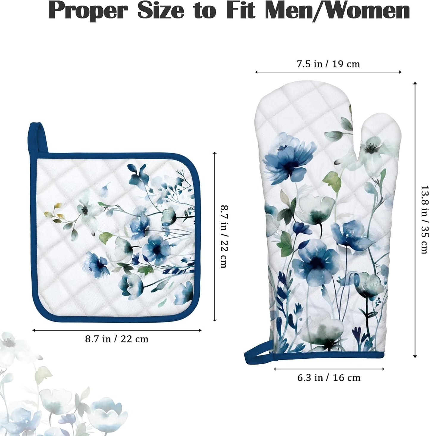 Blue Watercolor Flower Oven Mitts and Pot Holders Sets 100% Cotton Heat Resistant, Extra Long Oven Gloves Potholder for Kitchen Cooking Baking Housewarming