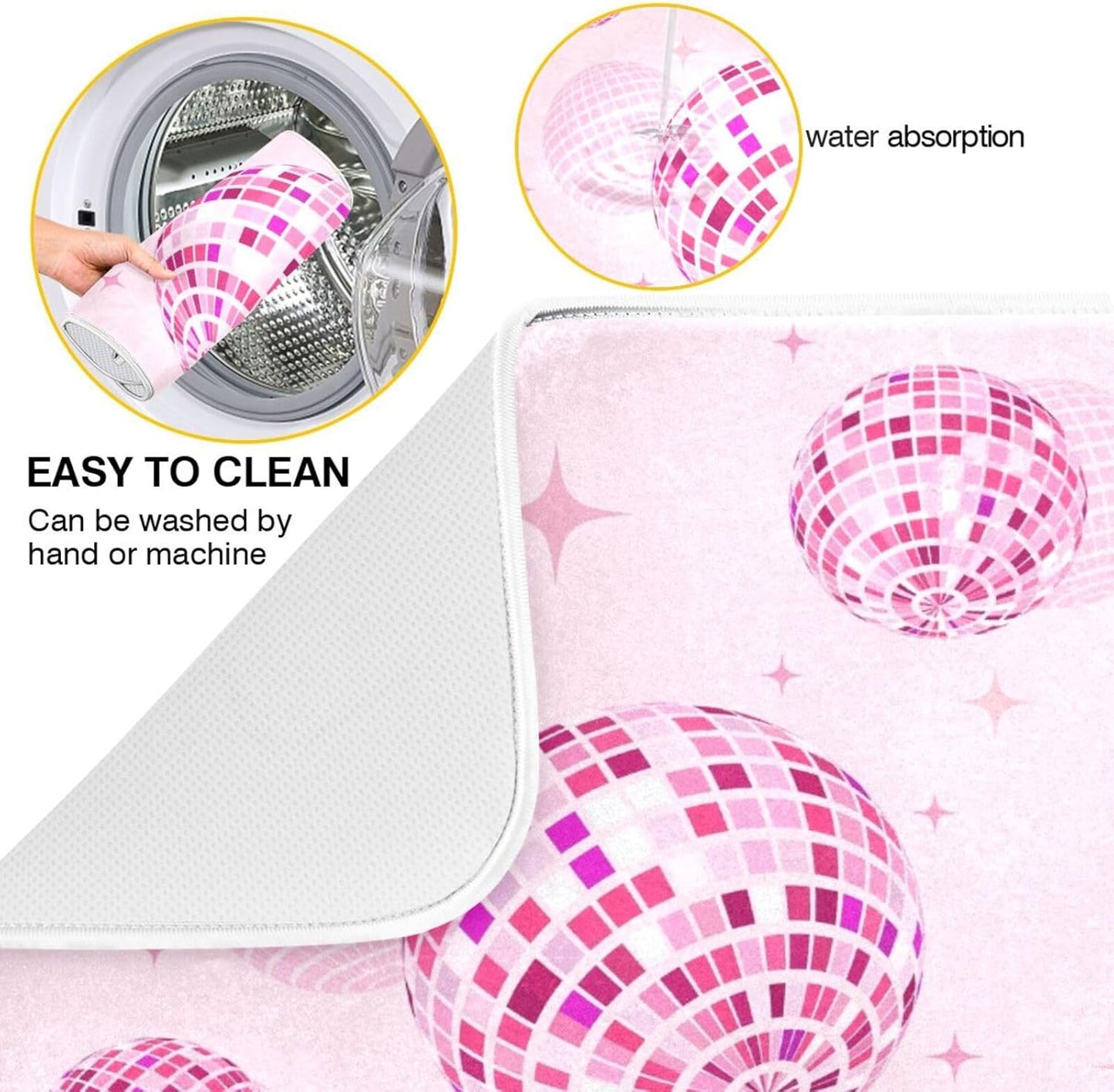 Disco Balls Pink Dish Drying Mat for Kitchen Counter Absorbent Microfiber Drying Pad, Large 18x24 in, Reversible Drainer Mats
