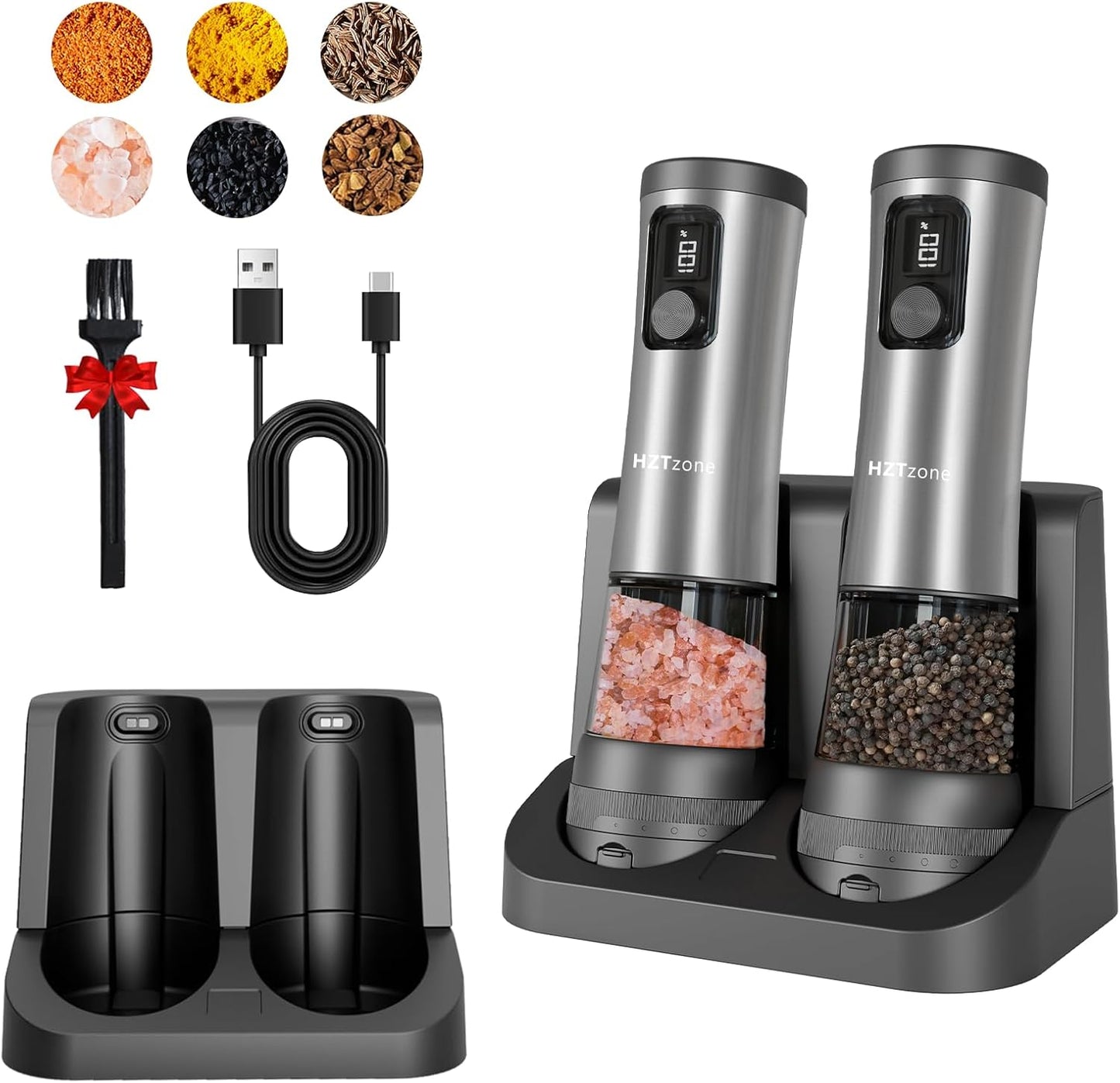 Electric Salt and Pepper Grinder Set with Charging Base, Upgraded LED Display & Variable Grinding Speed, Rechargeable Stainless Steel Automatic Pepper Mill with 100Ml Large Capacity