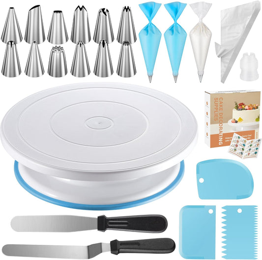 Kootek 71PCs Cake Decorating Kit, Baking Supplies Tools - Includes Cake Stand Turntable, 12 Icing Piping Tips, 2 Frosting Spatulas, 3 Scrapers, 50+2 Piping Bags, Coupler, Video Tutorial, Booklet