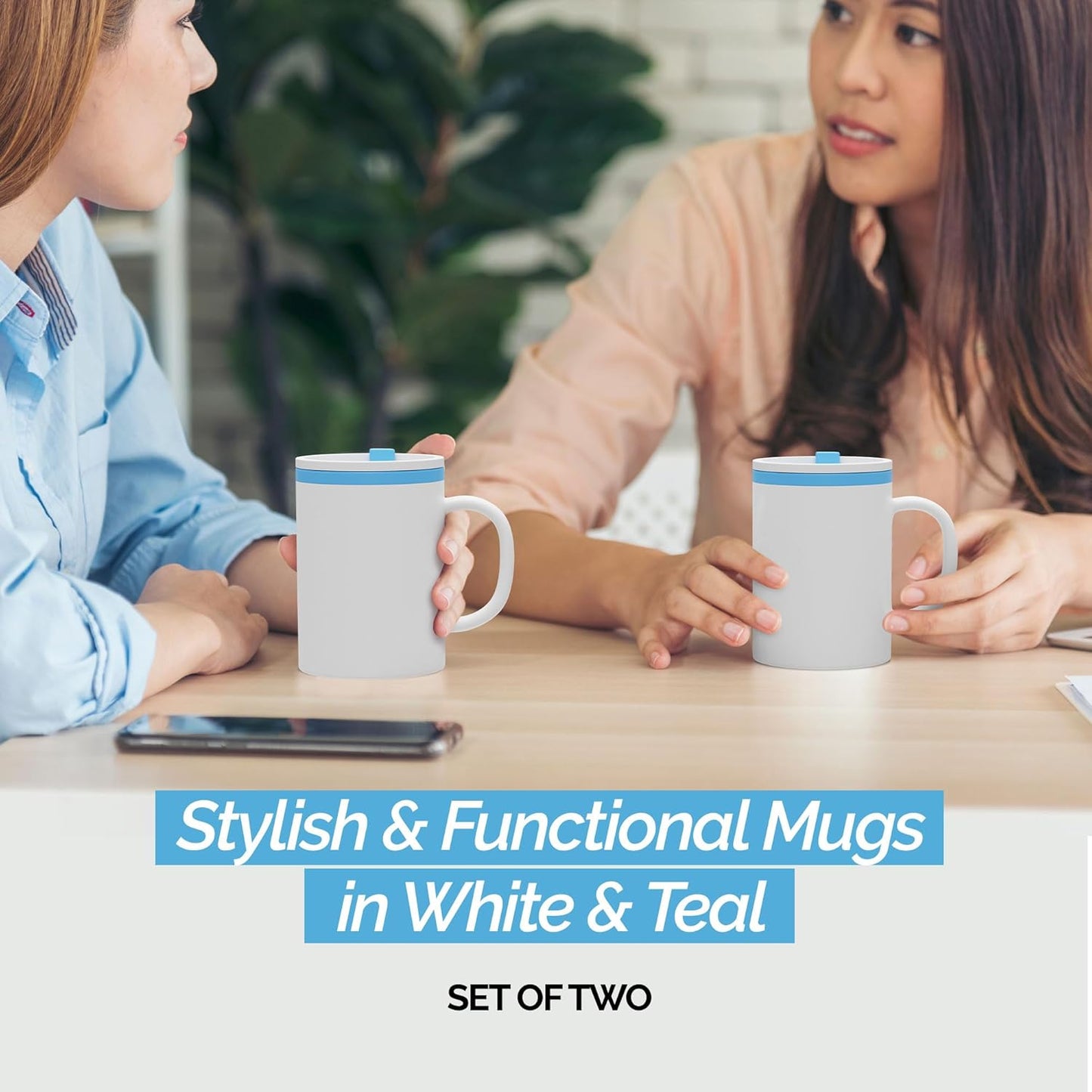 Copco Iconic 16oz Double Wall Insulated Desk Mug with Lid & Handle, Set of 2, BPA-Free Reusable Plastic, Spill-Proof, Microwave & Dishwasher Safe, Wide Mouth, Cup Holder Friendly (Teal)