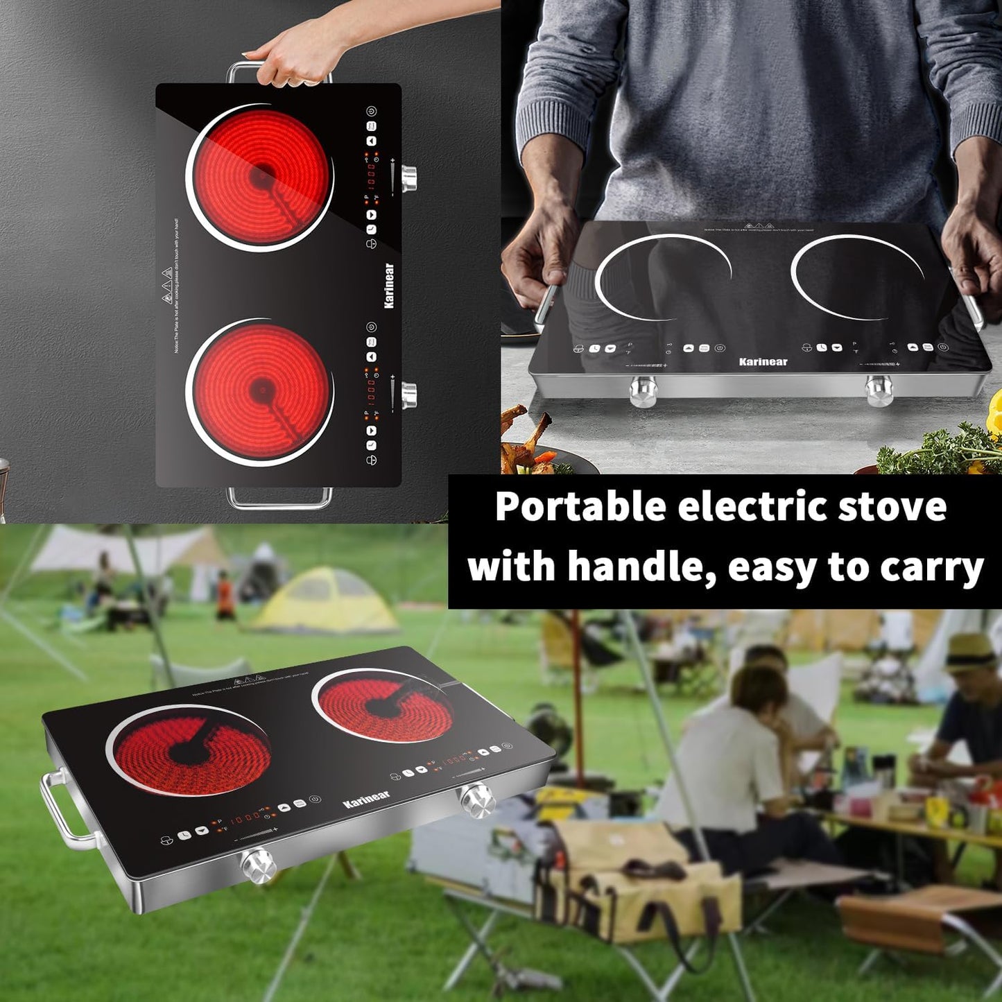 Karinear 2 Burner Electric Cooktop 110V, Portable Electric Stove with Handle, Knob Control Electri Hot Plate, Ceramic Countertop Burner, Timer, Safety Lock, 9 Power Level, 2000W, 24 inch(White)