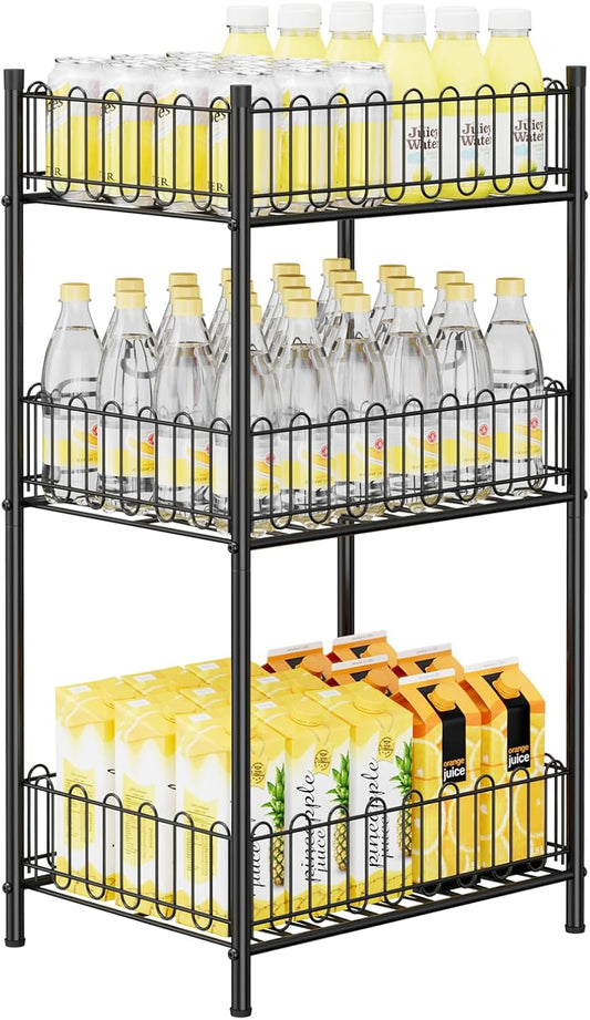 OYEAL Water Bottle Holder Rack 3 Tier Soda Drink Organizer Vertical Metal Food Storage Shelf for Kitchen Countertop Pantry, Can Storage Organizer for Pantry