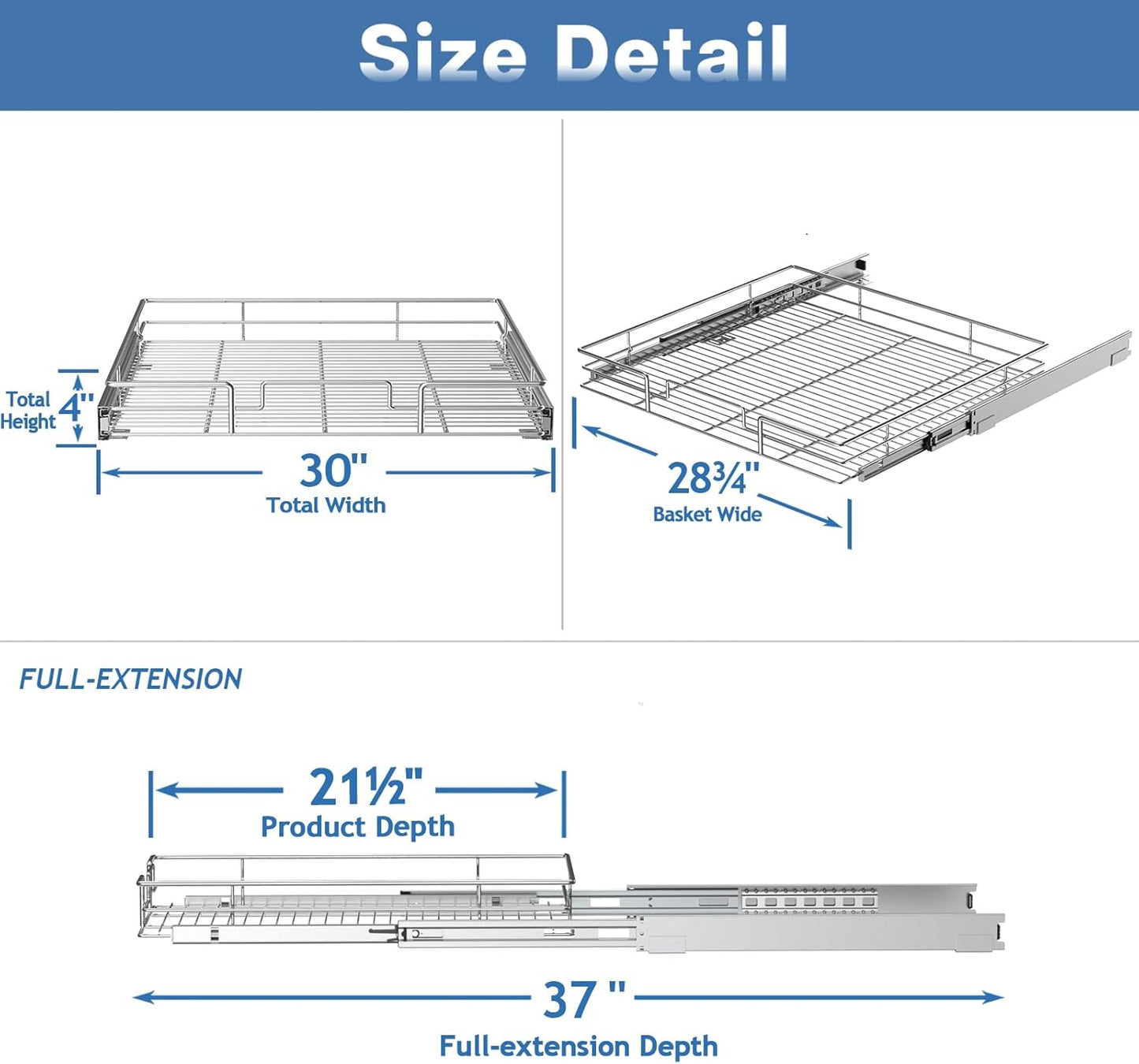 ROOMTEC Pull Out Cabinet Organizer, Cabinet Pull Out Shelves 30" W x 21½" D, Heavy Duty Cabinet Drawers Slide Out Kitchen Cabinet Organizers Storage Shelf