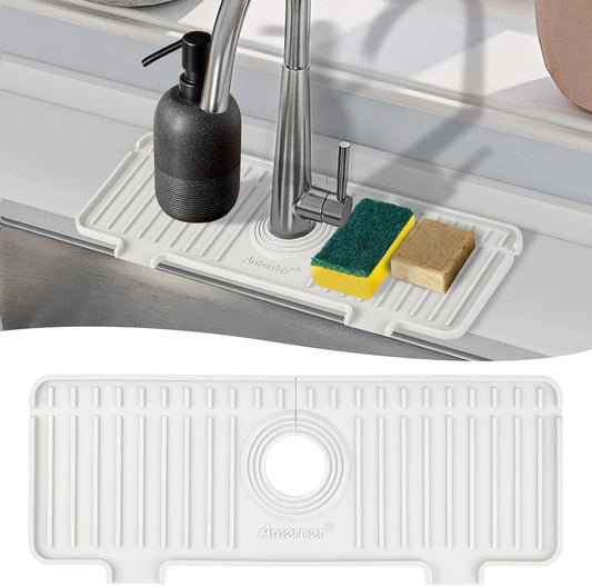 Kitchen Sink Splash Guard, Silicone Faucet Guard & Draining Mat, Bathroom and Kitchen Sink Organizer, Sink Faucet Mat Water Splash Guard Behind Faucet Accessories Gadgets, 14.2” x 5.1”, White