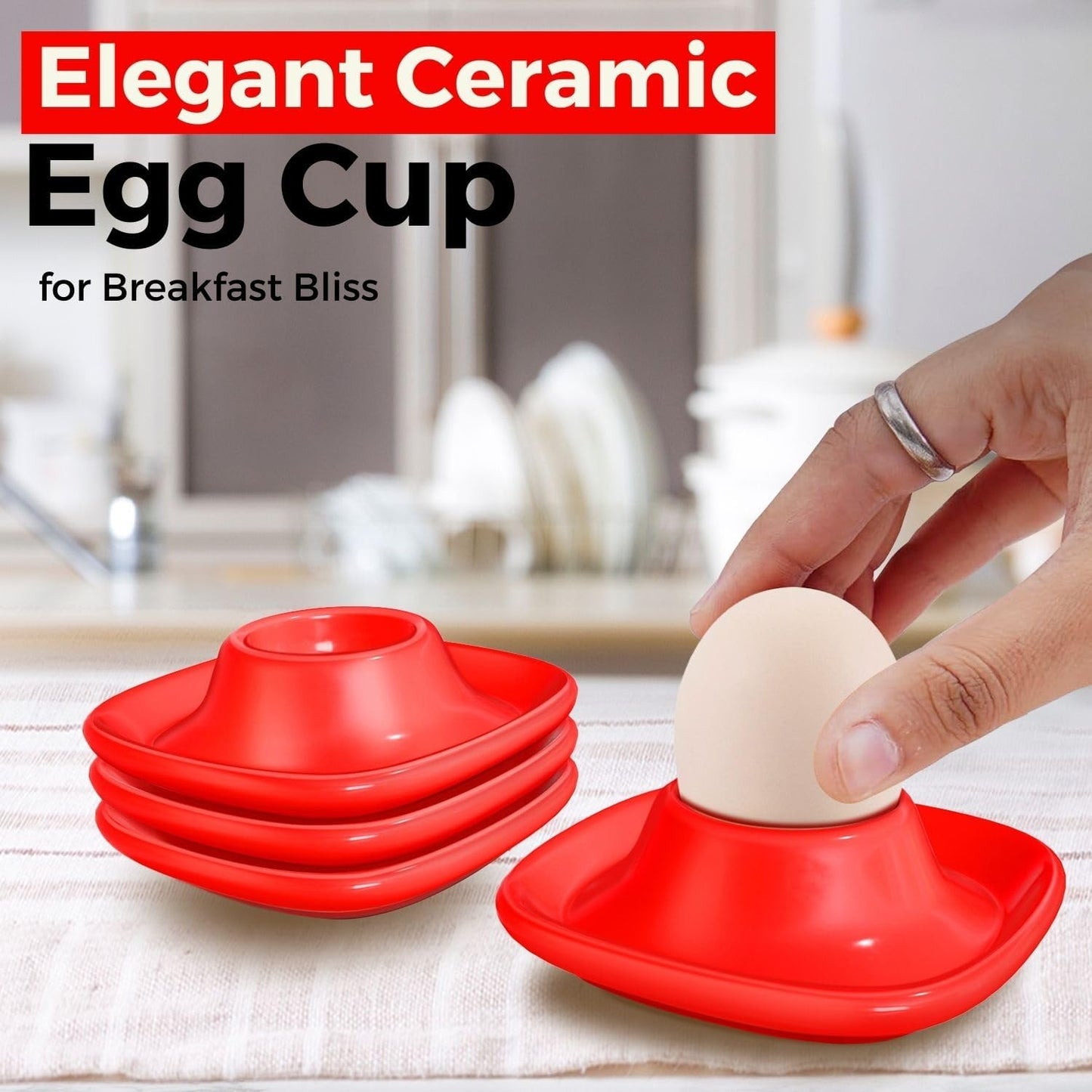 Flexzion Soft Boiled Egg Holder Set - 4-Piece Red Ceramic Egg Cup, Stackable Egg Coddler Cups with Base for Serving, Breakfast, Brunch - Kitchen Table Decor, Red