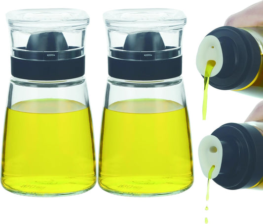 Small Glass Olive Oil and Vinegar Dispenser Bottles Set for Kitchen Cooking with Silicone Dual Pouring Spout, Soy Sauce Dispenser with Dust-proof Lid - Set of 2 (Black, 5.4 oz)