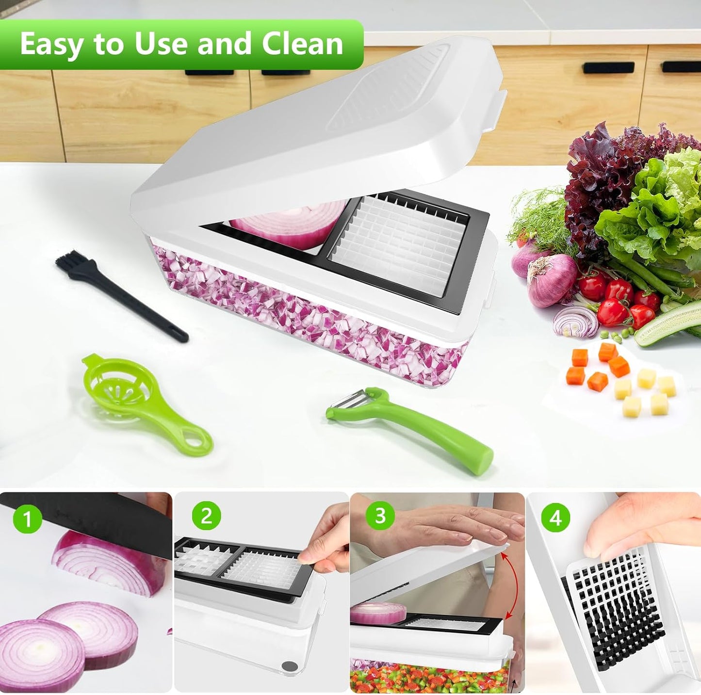 Vegetable Chopper, Onion Chopper Dicer, Mandoline Slicer, Food Chopper with Container, Vegetable Cutter for Salad Potato Carrot Garlic（2 Blades, White Black）