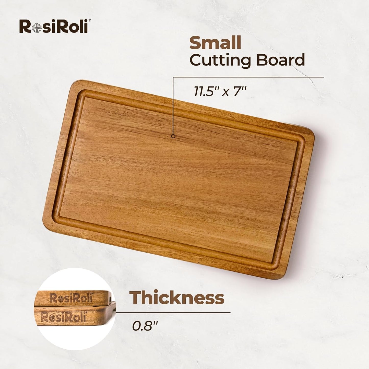 Acacia Wood Cutting Board for Kitchen - 0.8 inch Thick Wood Charcuterie Cheese Board with Side Handles and Juice Grooves, Wooden Chopping Block for Meat and Veggies, 11.5x7 inch