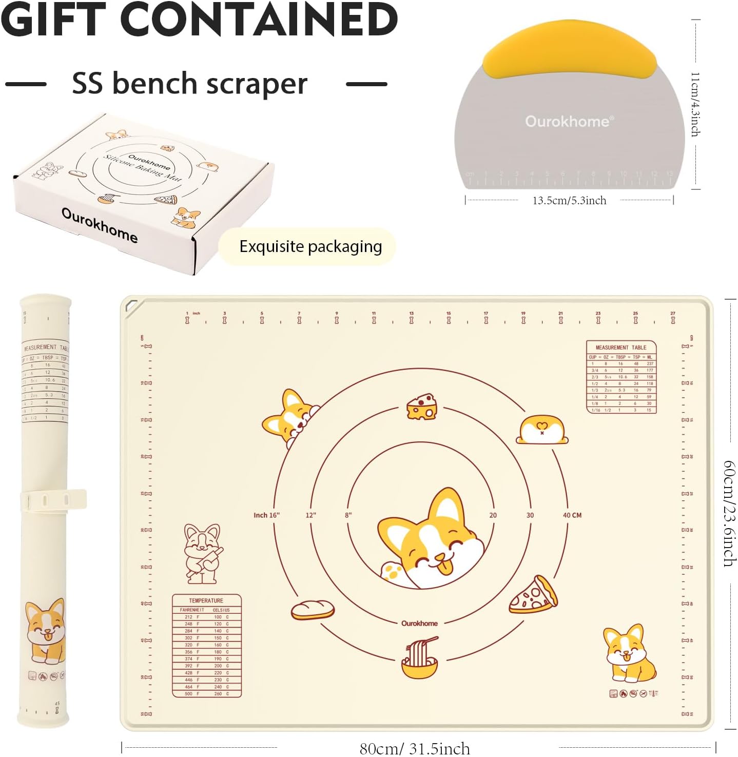 Ourokhome Silicone Baking Mat Sheet and Pastry Dough Cutter, 0.5 Inch Thick 32" X 24" BPA free Silicone Rolling Mat, Non-Stick and Anti-Slip, Dishwasher Safe (Beige)