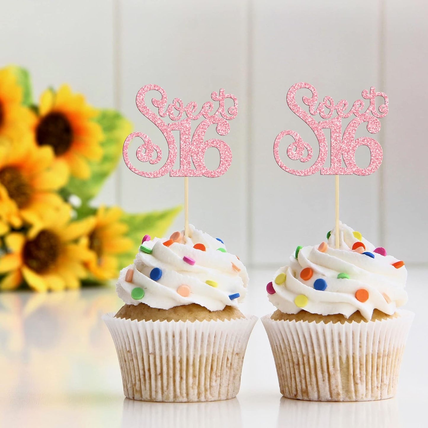 Gyufise 24 Pack Happy Sweet 16 Cupcake Toppers Glitter Sixteen 16th Birthday Cupcake Picks Cheers to 16 Years Old Cupcake Decorations for 16th Birthday Anniversary Party Cake Decorations Supplies Pink
