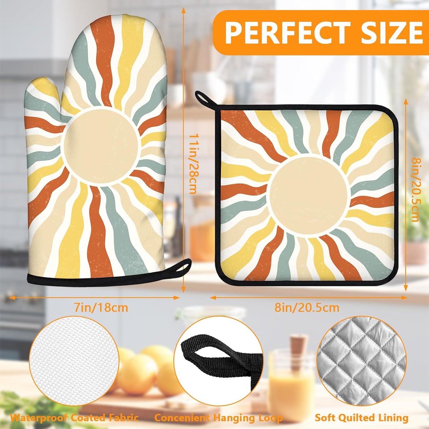 Boho Sun Oven Mitts and Pot Holders Sets 4Pcs,Extra Long Oven Gloves Potholder for Kitchen Cooking Baking BBQ 100% Cotton Heat Resistant