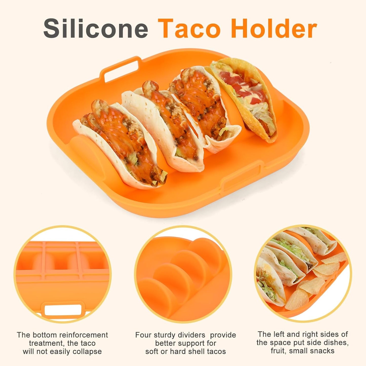 Silicone Taco Holder 2 Pack,10.2in Upgrade Reusable Taco Plates with Dividers,Fiesta Tacos Holder Tray.Taco Serving Plates, Dishwasher & Microwave Safe(2, ORANGE+YELLOW)