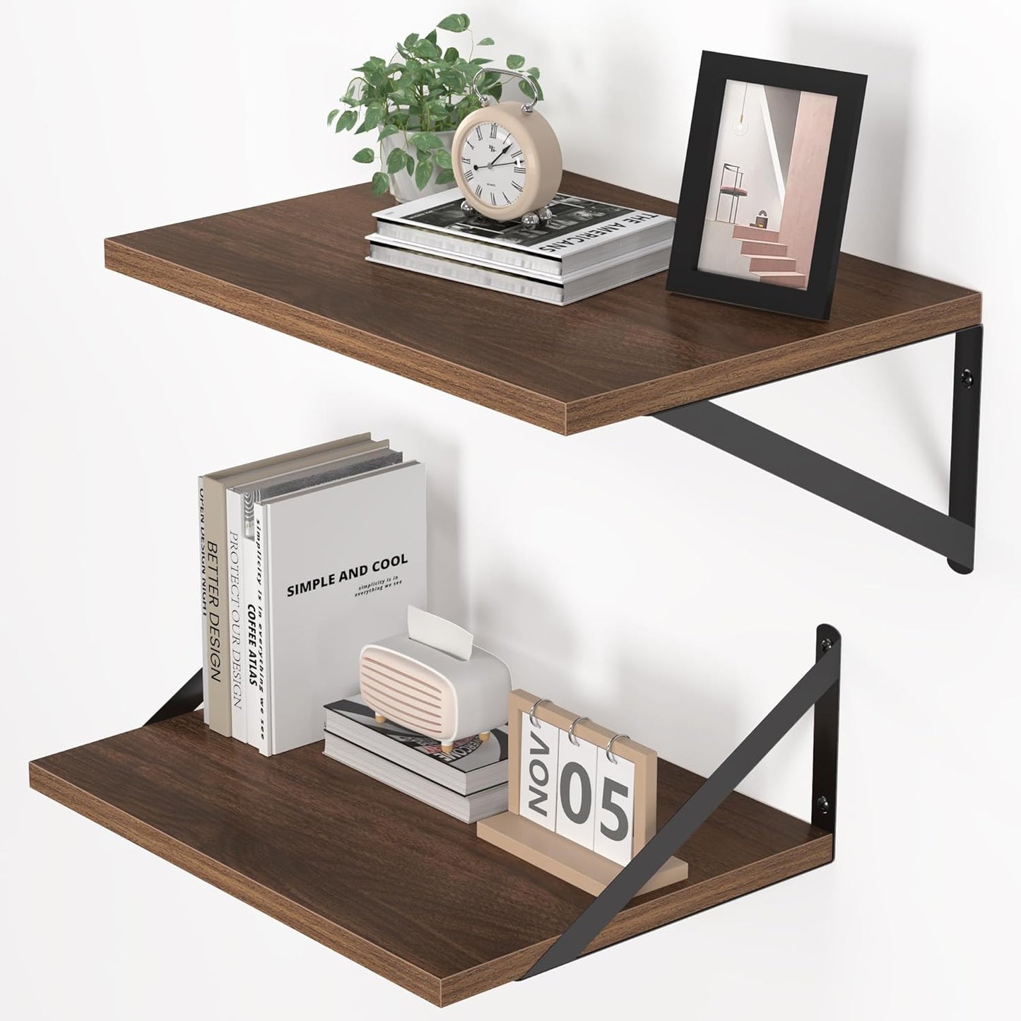 Heimlove 12 Inch Deep Floating Shelves for Wall, 16W x 12D Wood Wall Shelves Set of 2, Walnut Wide Floating Bookshelf for Living Room, Kitchen, Office, Bedroom, with Black Metal Bracke - Walnut