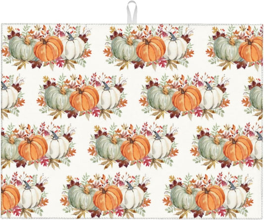 Fall Dish Drying Mat 18x24 for Kitchen Counter, Watercolor Pumpkin Leaf Decorative Absorbent Coffee Mat Dish Drying Pad Coffee Bar Dish Drainer Rack Mat Drainer Mat