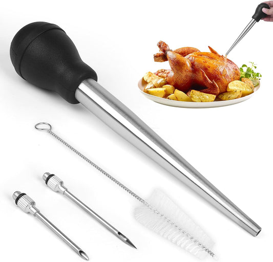 Turkey Baster with Silicone Suction Bulb, Stainless Steel Food Grade Turkey Baster for Cooking, Baking, Injecting Marinade ，Black