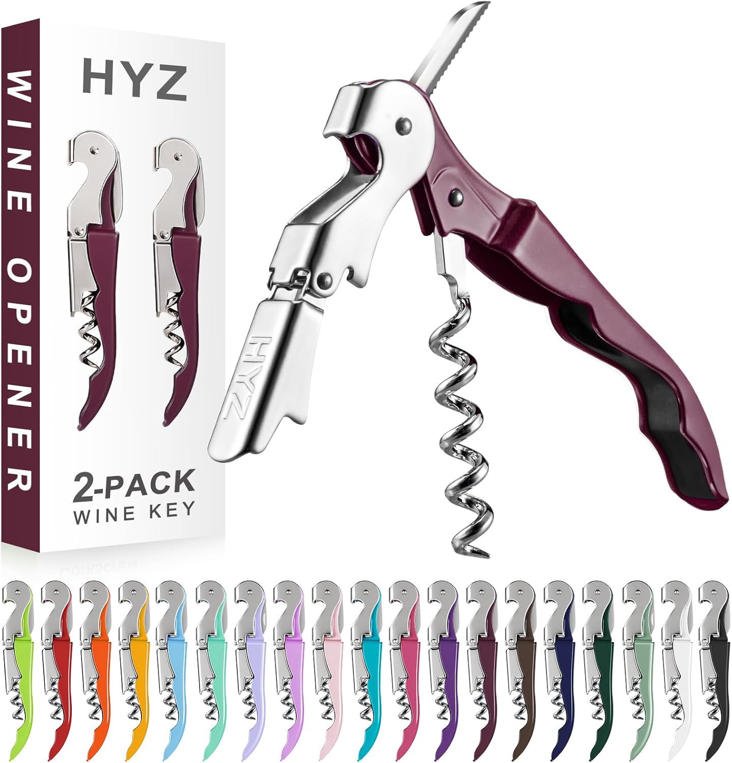 HYZ 2-Pack Wine Opener Waiter Corkscrew, Professional Wine Key for Servers, Bartender with Foil Cutter, Manual Wine Bottle Opener Double Hinged (Burgundy)