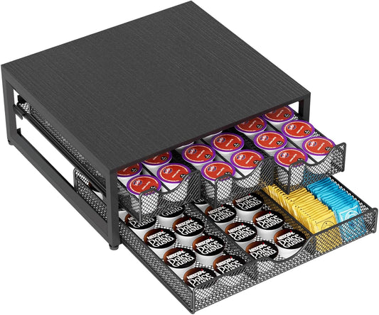 Coffee Pod Holder For Counter, 3 Pull-Out 72 K-Cup Holder Drawer, Wooden Cafe Pods Storage Organizer with Sliding Drawers for Coffee Station, Home, Kitchen, Office, Dorm, Black