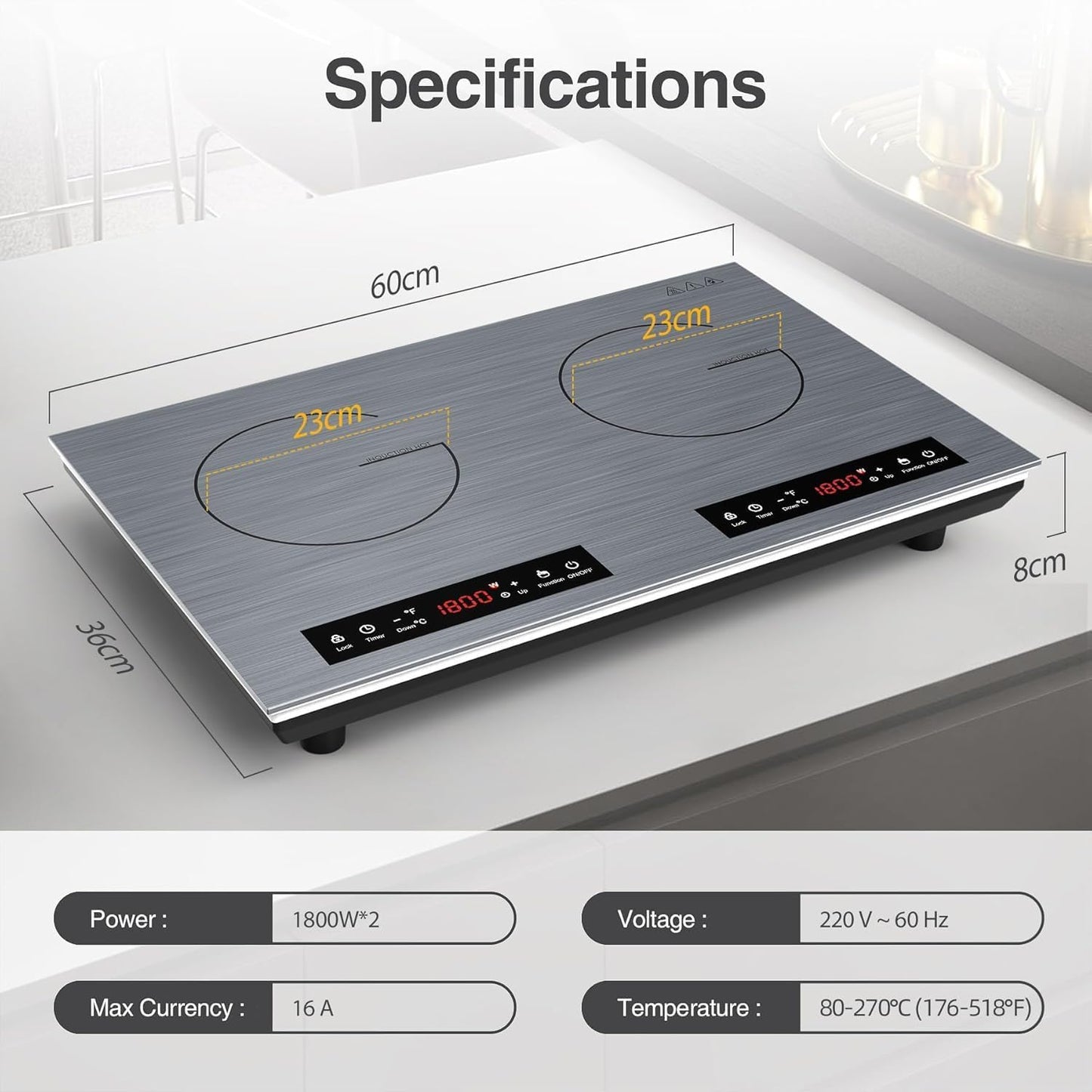 VBGK Double Induction Cooktop, 24 inch 4000W Electric cooktop with hot plate, induction stove top with LED Touch Screen 9 Levels Settings with Child Safety Lock & Timer 110V Induction cooktop 2 burner