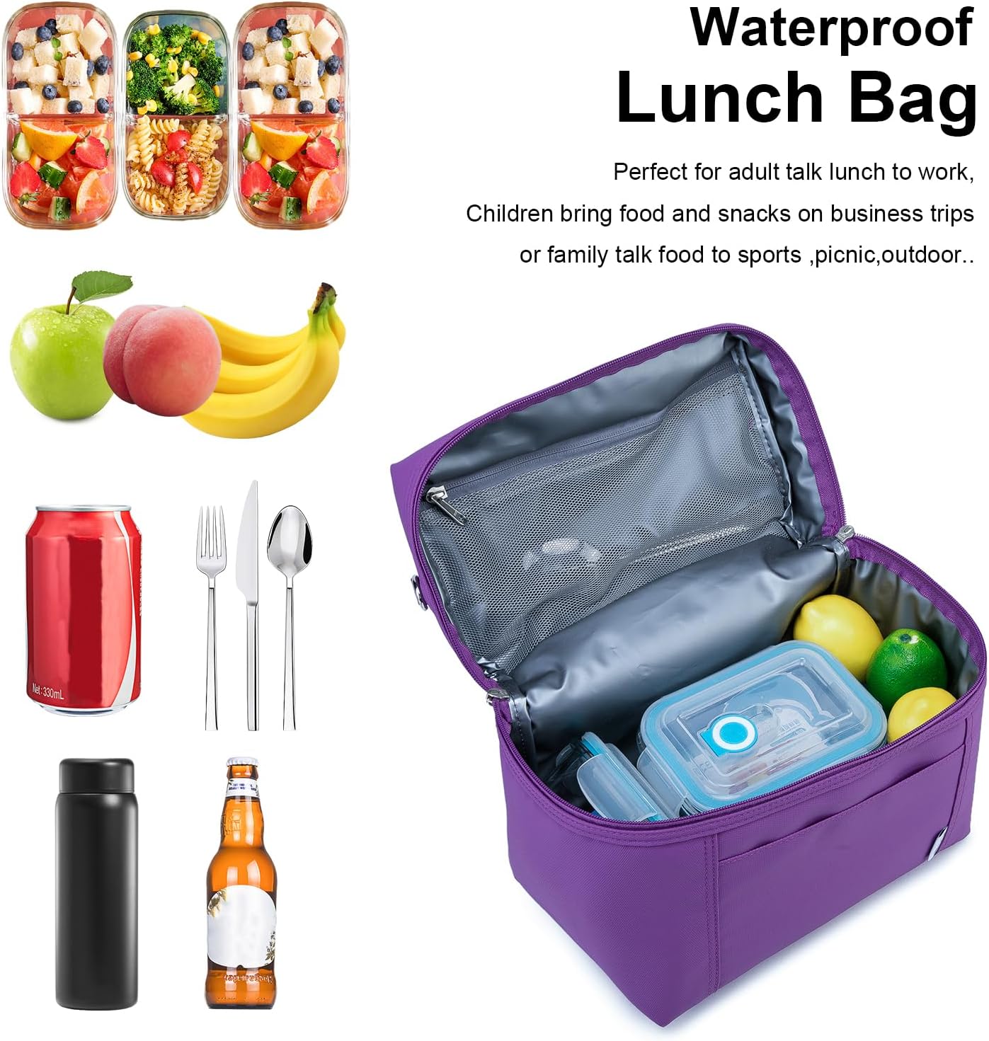 NOL Natural Organic Lifestyle Insulated Lunch Bags for Women Cooler Bag Lightweight Nylon Waterproof Lunch Box For Work (Purple Medium(normal))