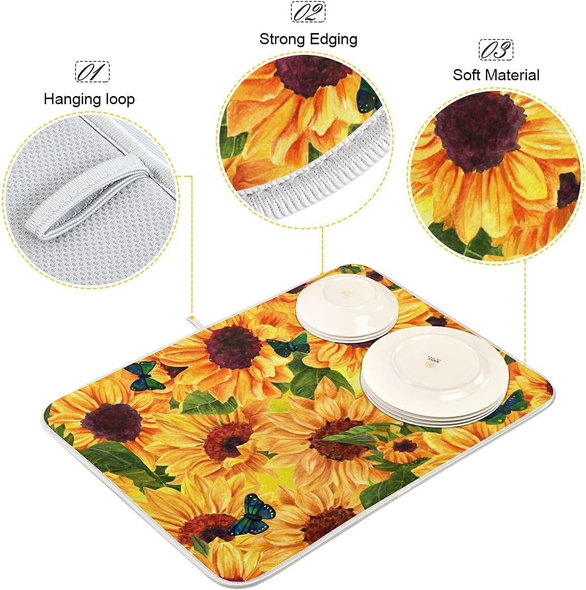 Super Absorbent Dish Drying Mat, Microfiber Fast-Drying Dish Mat, 16" x 18", Kitchen Dish Drying Pad, Sunflowers And Green Blue Butterflies